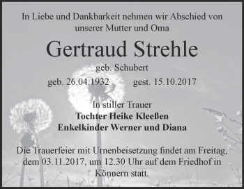 Traueranzeige von Gertraud Strehle von Super Sonntag Bernburg