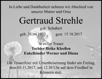 Traueranzeige von Gertraud Strehle von Mitteldeutsche Zeitung Bernburg