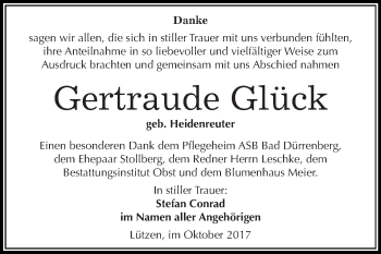 Traueranzeige von Gertraude Glück von Super Sonntag Merseburg