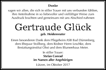 Traueranzeige von Gertraude Glück von Mitteldeutsche Zeitung Weißenfels