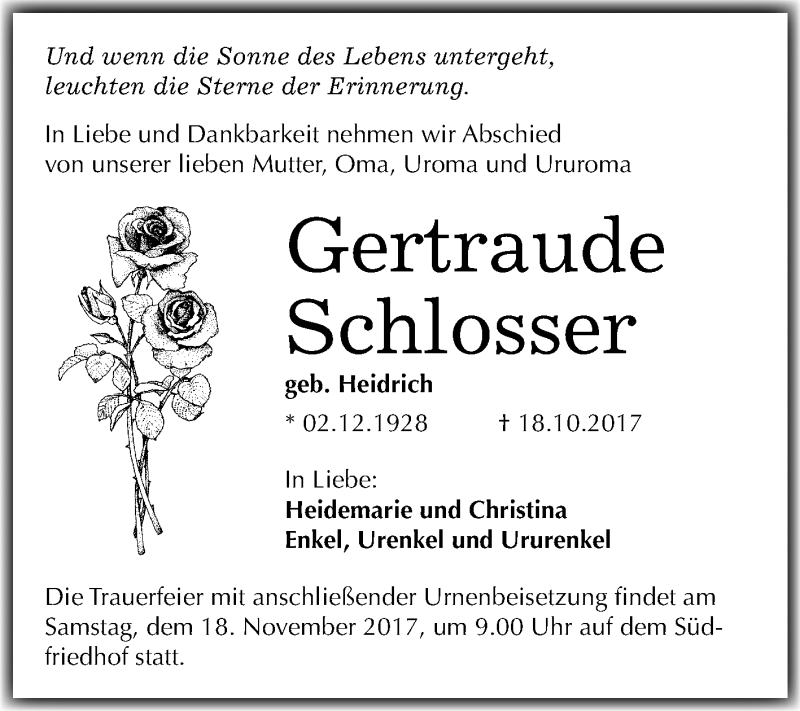  Traueranzeige für Gertraude Schlosser vom 28.10.2017 aus Mitteldeutsche Zeitung Halle/Saalkreis