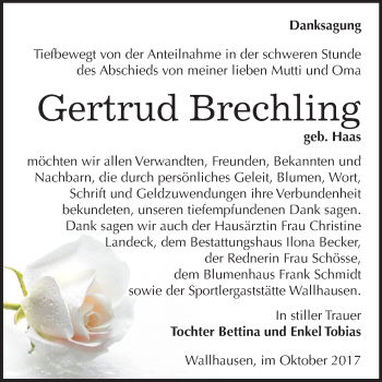 Traueranzeige von Gertrud Brechling von Mitteldeutsche Zeitung