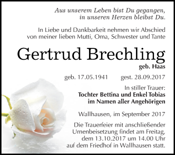 Traueranzeige von Gertrud Brechling von Super Sonntag SGH Mansf. Land