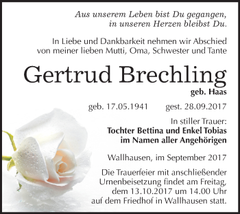 Traueranzeige von Gertrud Brechling von Mitteldeutsche Zeitung