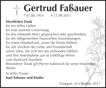 Traueranzeige von Gertrud Faßauer von WVG - Wochenspiegel Bitterfeld