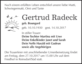 Traueranzeige von Gertrud Radeck von Super Sonntag Wittenberg