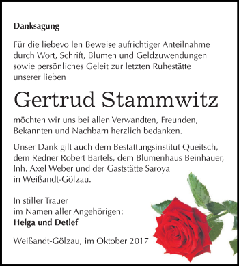 Traueranzeige von Gertrud Stammwitz von WVG - Wochenspiegel Dessau / Köthen