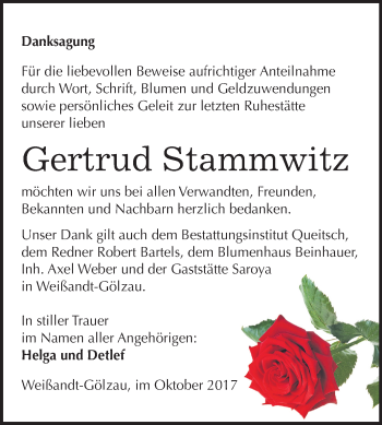 Traueranzeige von Gertrud Stammwitz von Mitteldeutsche Zeitung Köthen