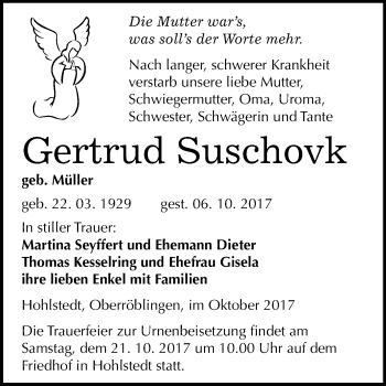 Traueranzeige von Gertrud Suschovk von Mitteldeutsche Zeitung Sangerhausen