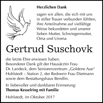 Traueranzeige von Gertrud Suschovk von Mitteldeutsche Zeitung Sangerhausen