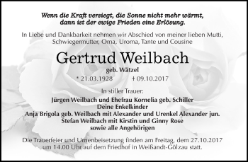Traueranzeige von Gertrud Weilbach von WVG - Wochenspiegel Dessau / Köthen