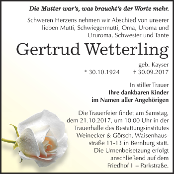Traueranzeige von Gertrud Wetterling von Super Sonntag Bernburg