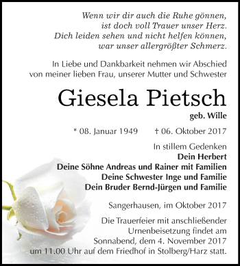 Traueranzeige von Giesela Pietsch von Super Sonntag SGH Mansf. Land