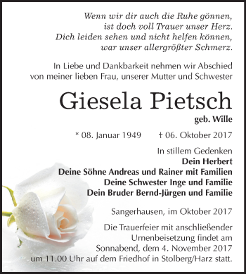 Traueranzeige von Giesela Pietsch von Mitteldeutsche Zeitung Sangerhausen