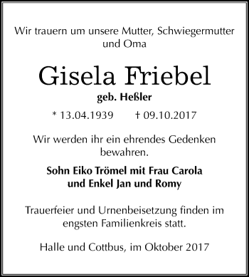 Traueranzeige von Gisela Friebel von Mitteldeutsche Zeitung