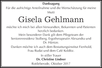 Traueranzeige von Gisela Gehlmann von Super Sonntag SGH Mansf. Land