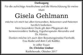 Traueranzeige von Gisela Gehlmann von Mitteldeutsche Zeitung Sangerhausen