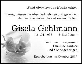 Traueranzeige von Gisela Gehlmann von Mitteldeutsche Zeitung Sangerhausen