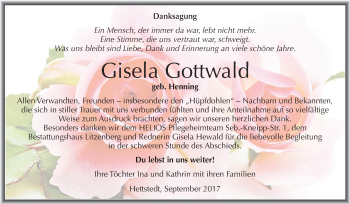 Traueranzeige von Gisela Gottwald von Wochenspiegel Mansfelder Land