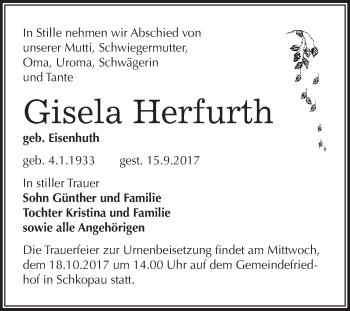 Traueranzeige von Gisela Herfurth von WVG - Wochenspiegel Merseburg