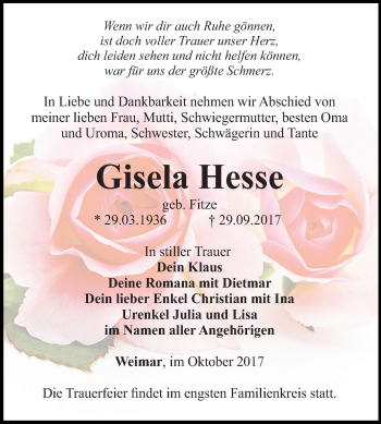 Traueranzeige von Gisela Hesse von Super Sonntag SGH Mansf. Land