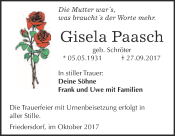Traueranzeige von Gisela Paasch von WVG - Wochenspiegel Bitterfeld