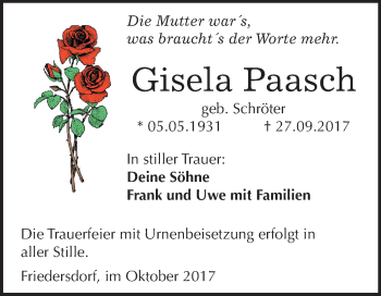 Traueranzeige von Gisela Paasch von Mitteldeutsche Zeitung Bitterfeld