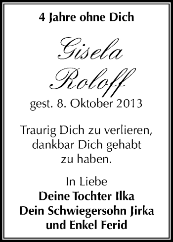 Traueranzeige von Gisela Roloff von Mitteldeutsche Zeitung Merseburg/Querfurt