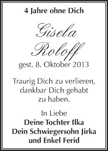 Traueranzeige von Gisela Roloff von Super Sonntag Merseburg