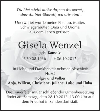 Traueranzeige von Gisela Wenzel von WVG - Wochenspiegel Bitterfeld