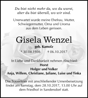 Traueranzeige von Gisela Wenzel von Mitteldeutsche Zeitung Bitterfeld