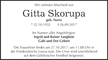 Traueranzeige von Gitta Skorupa von WVG - Wochenspiegel Merseburg
