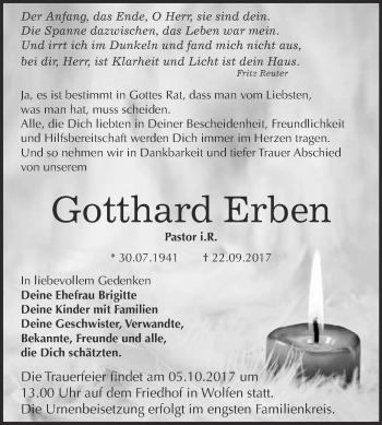 Traueranzeige von Gotthard Erben von WVG - Wochenspiegel Bitterfeld