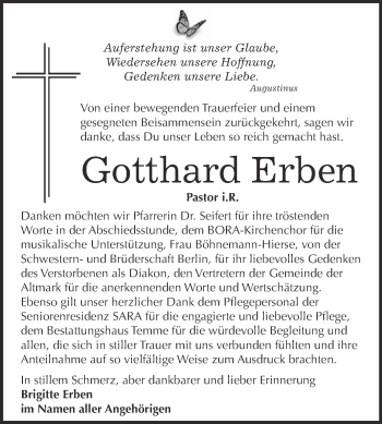 Traueranzeige von Gotthard Erben von WVG - Wochenspiegel Bitterfeld