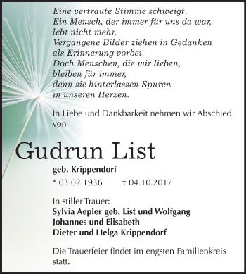 Traueranzeige von Gudrun List von Mitteldeutsche Zeitung