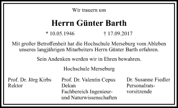 Traueranzeige von Günter Barth von Mitteldeutsche Zeitung Merseburg/Querfurt