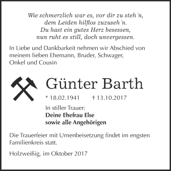 Traueranzeige von Günter Barth von WVG - Wochenspiegel Bitterfeld