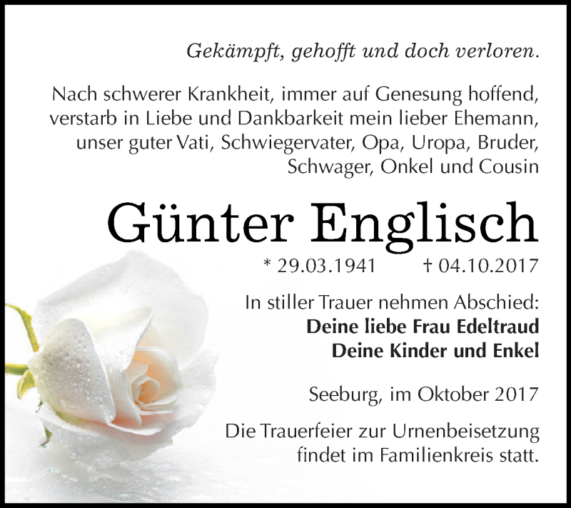 Traueranzeigen von Günter Englisch www.abschiednehmen.de