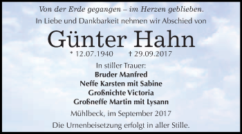 Traueranzeige von Günter Hahn von WVG - Wochenspiegel Bitterfeld