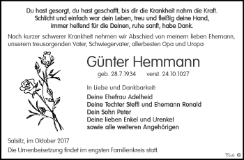 Traueranzeige von Günter Hemmann von Super Sonntag Zeitz