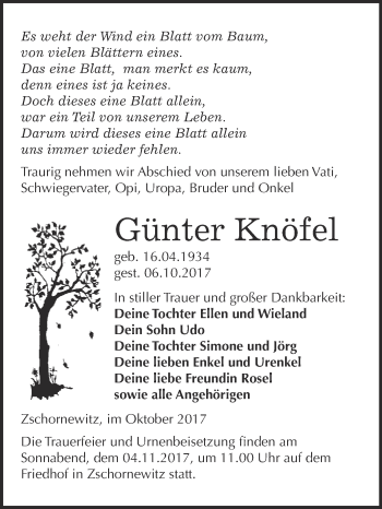 Traueranzeige von Günter Knöfel von WVG - Wochenspiegel Wittenberg