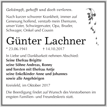 Traueranzeige von Günter Lachner von Super Sonntag SGH Mansf. Land