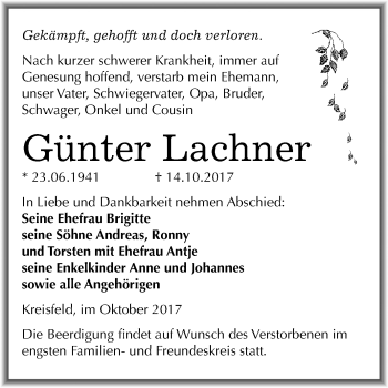 Traueranzeige von Günter Lachner von Mitteldeutsche Zeitung