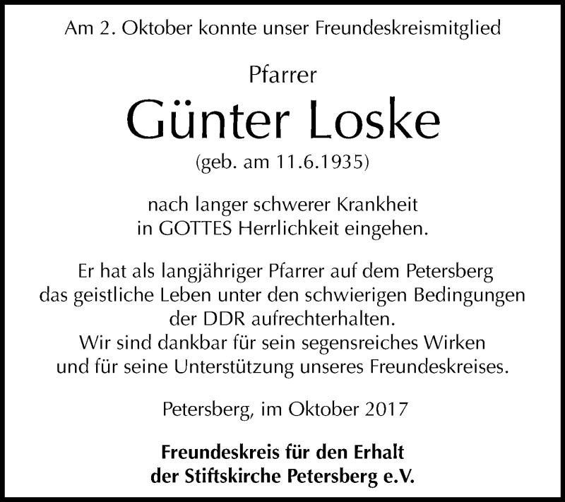  Traueranzeige für Günter Loske vom 07.10.2017 aus Mitteldeutsche Zeitung Halle/Saalkreis