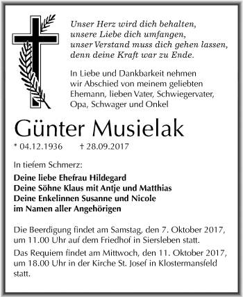 Traueranzeige von Günter Musielak von Mitteldeutsche Zeitung