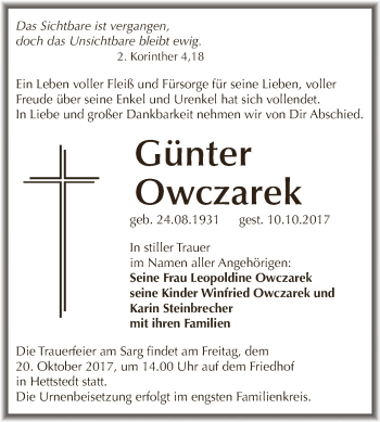 Traueranzeige von Günter Owczarek von Super Sonntag SGH Mansf. Land