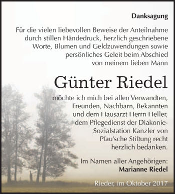 Traueranzeige von Günter Riedel von WVG - Wochenspiegel Quedlinburg