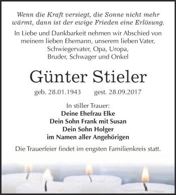 Traueranzeige von Günter Stieler von WVG - Wochenspiegel Bitterfeld