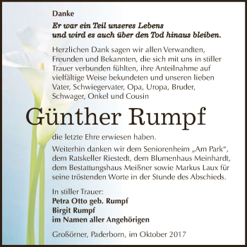 Traueranzeige von Günther Rumpf von Super Sonntag SGH Mansf. Land