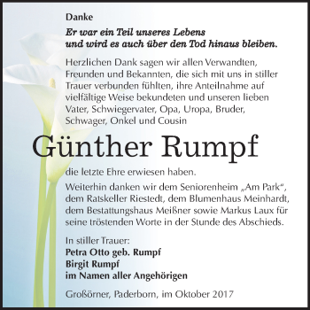Traueranzeige von Günther Rumpf von Mitteldeutsche Zeitung Sangerhausen